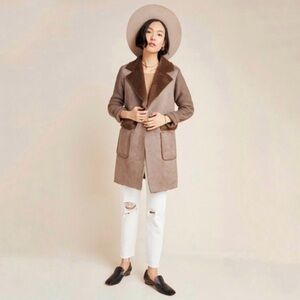 Anthropologie Piper Sweater Coat Faux Shearling & Suede Coatigan Mocha Mousse XS